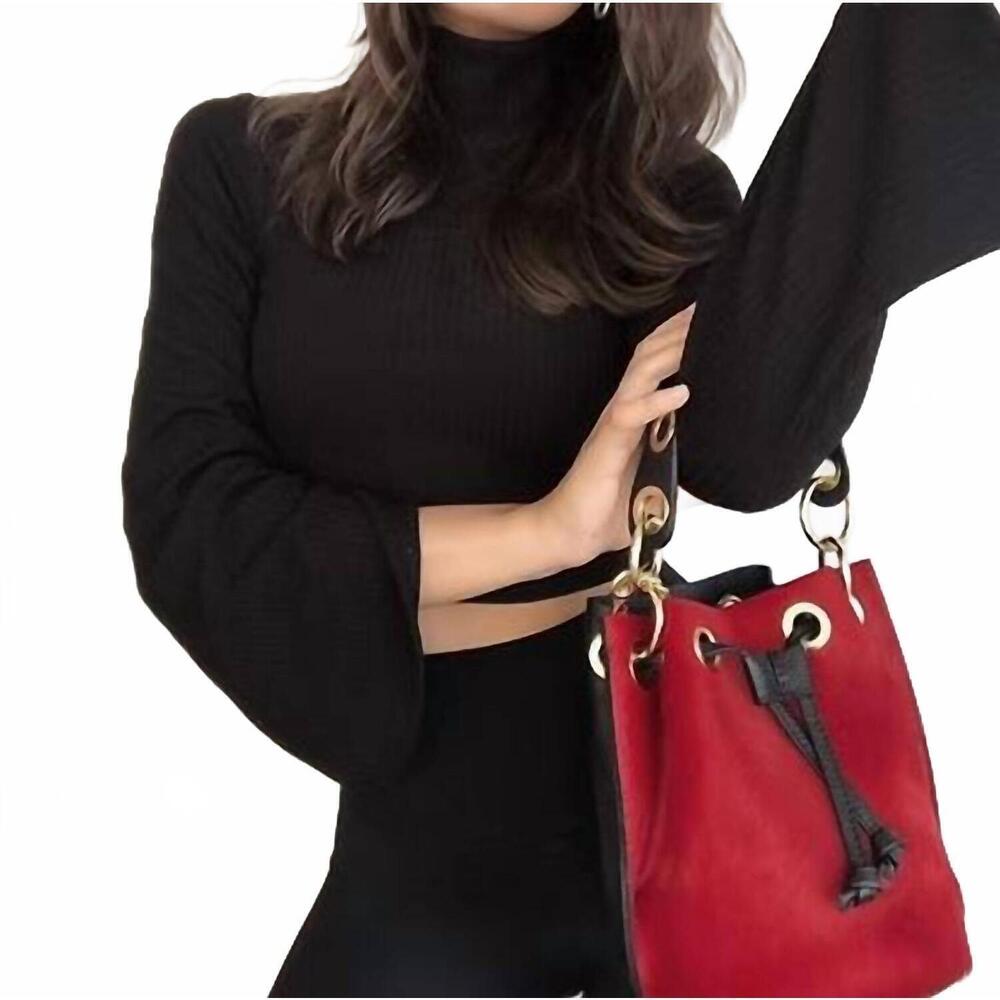 NEW CHARLIE LEATHER women's demi small bucket bag in red on black